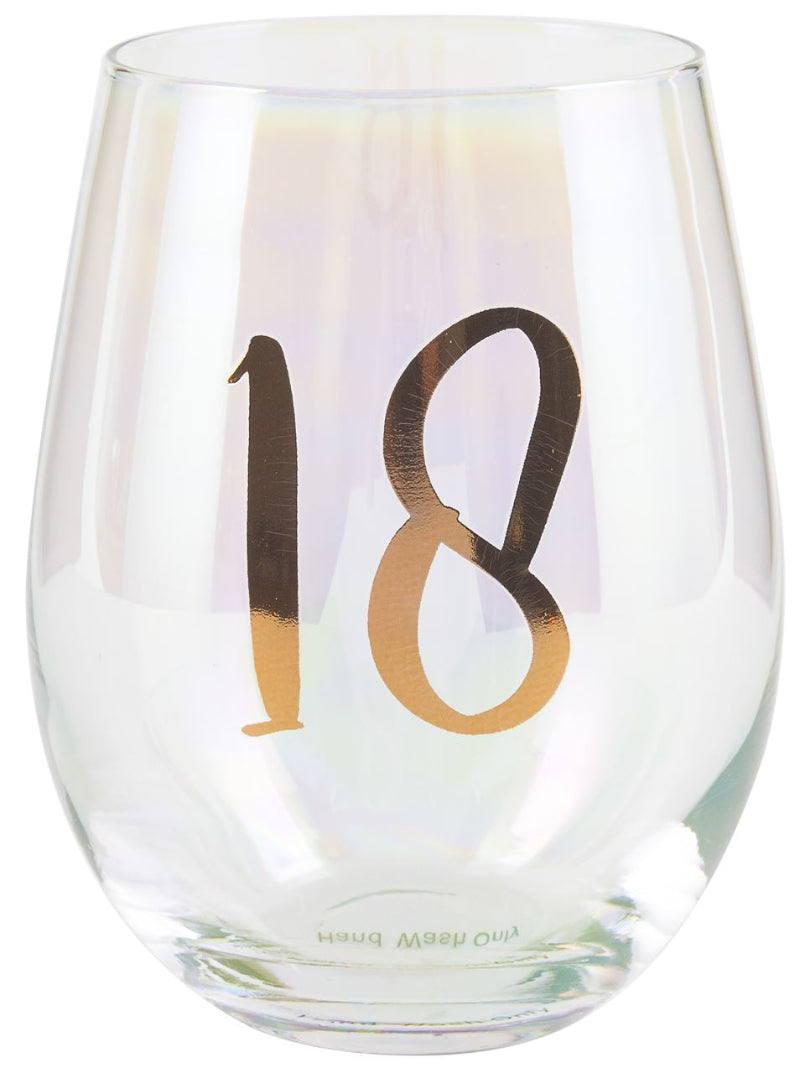 Clear glass with the number '18' in gold on a white background