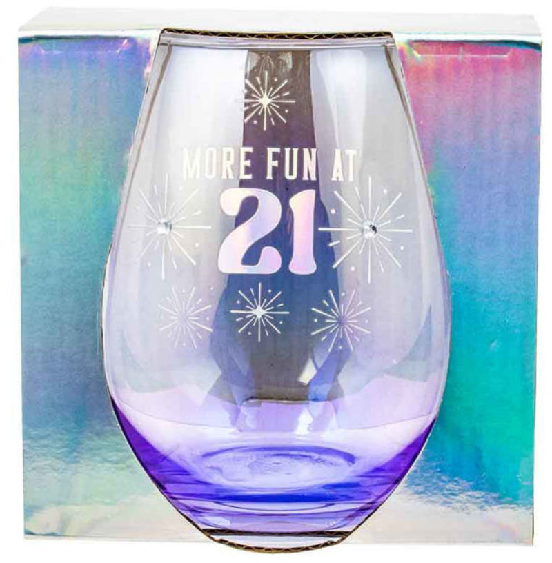 Stemless wine glass with 'More Fun at 21' text on a colorful box background