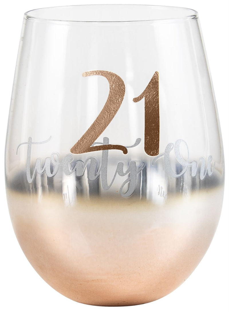 Clear wine glass with '21 twenty one' text and gold accents