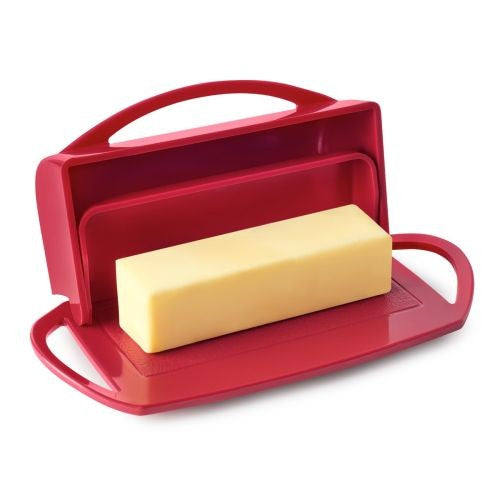 Red Butter Dish with Attached Flip-Top Lid & Spreader
