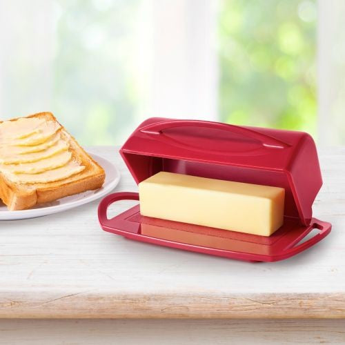 Red Butter Dish with Attached Flip-Top Lid & Spreader