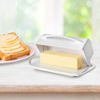 White Butter Dish with Attached Flip-Top Lid & Spreader