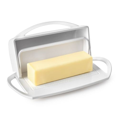 White Butter Dish with Attached Flip-Top Lid & Spreader