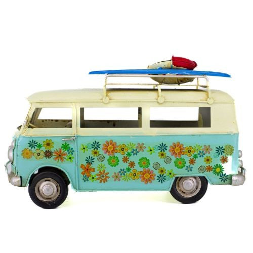 Flower Van White and Blue Metal Collectable 25 x 11.5 x 18.5cm
