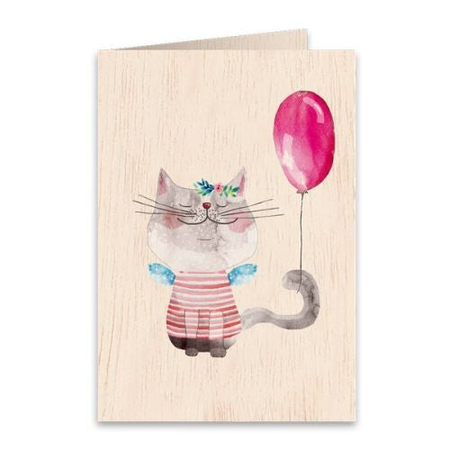 Wooden Greeting Card – Pussycat and the Balloon 11 x 16cm