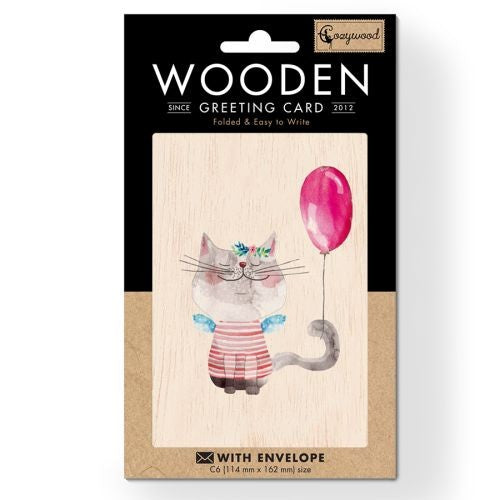 Wooden Greeting Card – Pussycat and the Balloon 11 x 16cm