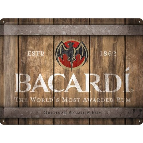 Nostalgic-Art Bacardi Wood Barrel Logo Metal Sign – Vintage Bar Decor 30 x 40cm