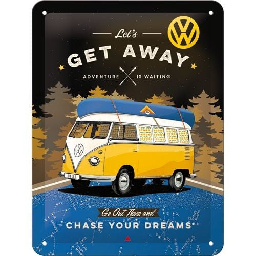 VW Bulli Let's Get Away Night Metal Sign – Vintage Campervan Wall Decor 15 x 20cm
