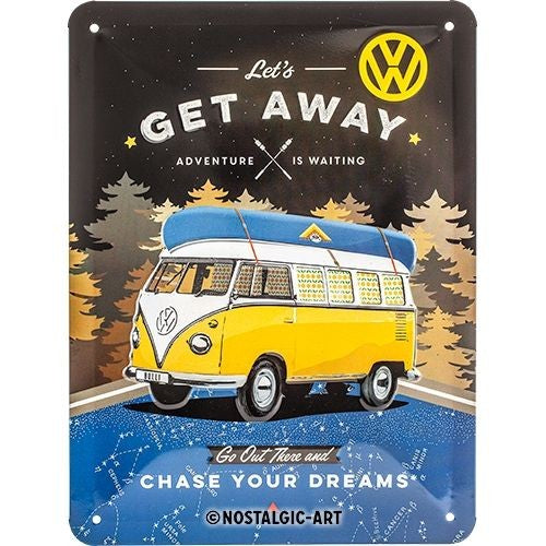 VW Bulli Let's Get Away Night Metal Sign – Vintage Campervan Wall Decor 15 x 20cm