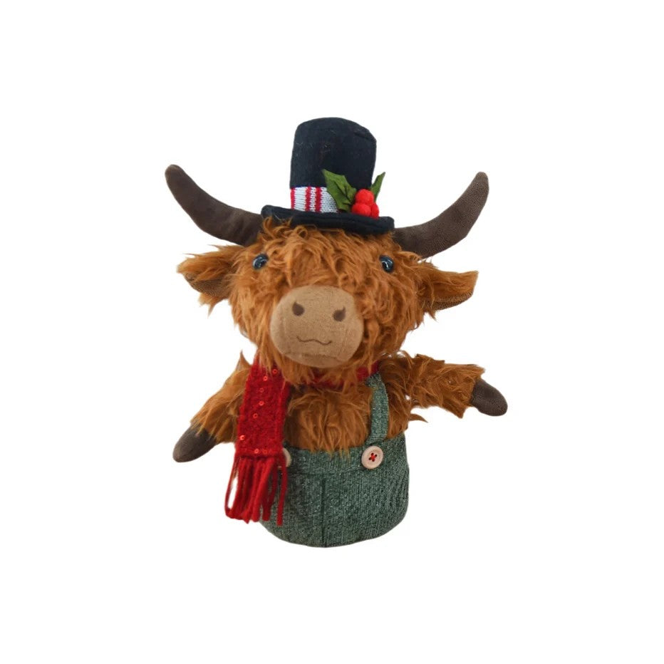 27cm Sitting Highland Cow with Black Hat – Plush Animal Décor