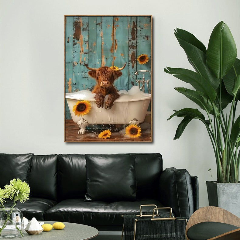 Highlander Bull in Bath Brushed Canvas Print – Natural Frame