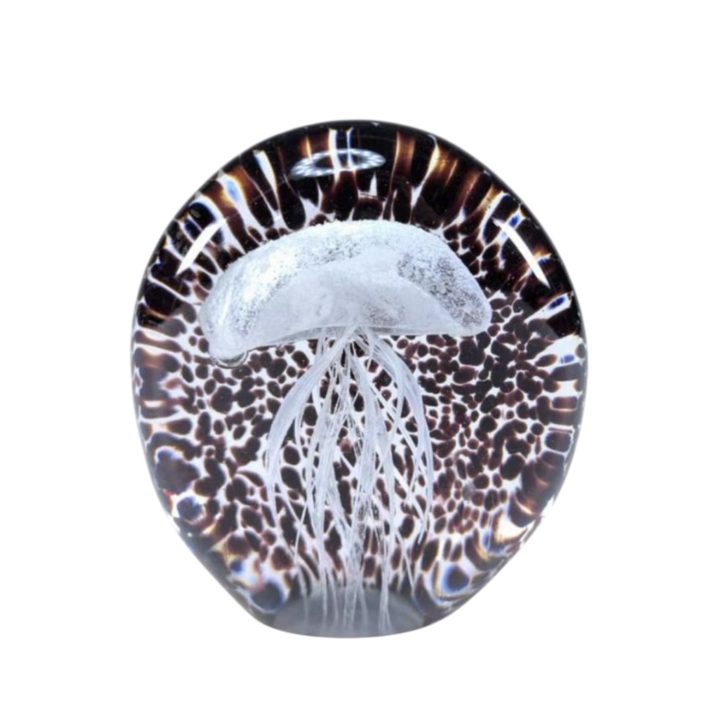 Art Glass Jellyfish Figurine – White Hand-Blown Sculpture (Glow-in-the-Dark Accent)