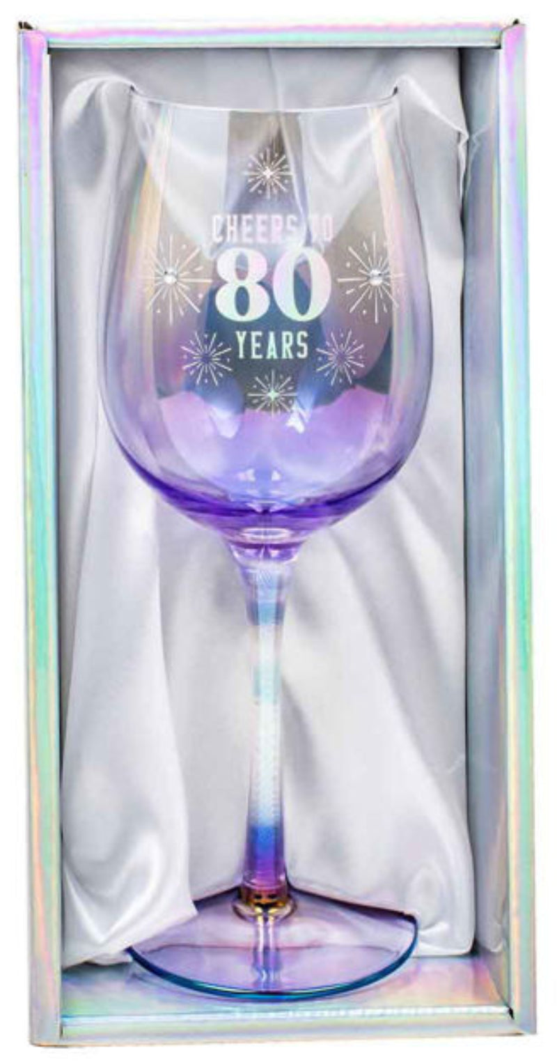 Wine glass with 'Cheers to 80 Years' engraving in a gift box