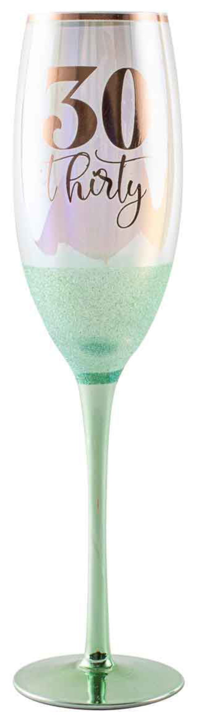 Green champagne flute with '30 Thirty' text on a white background