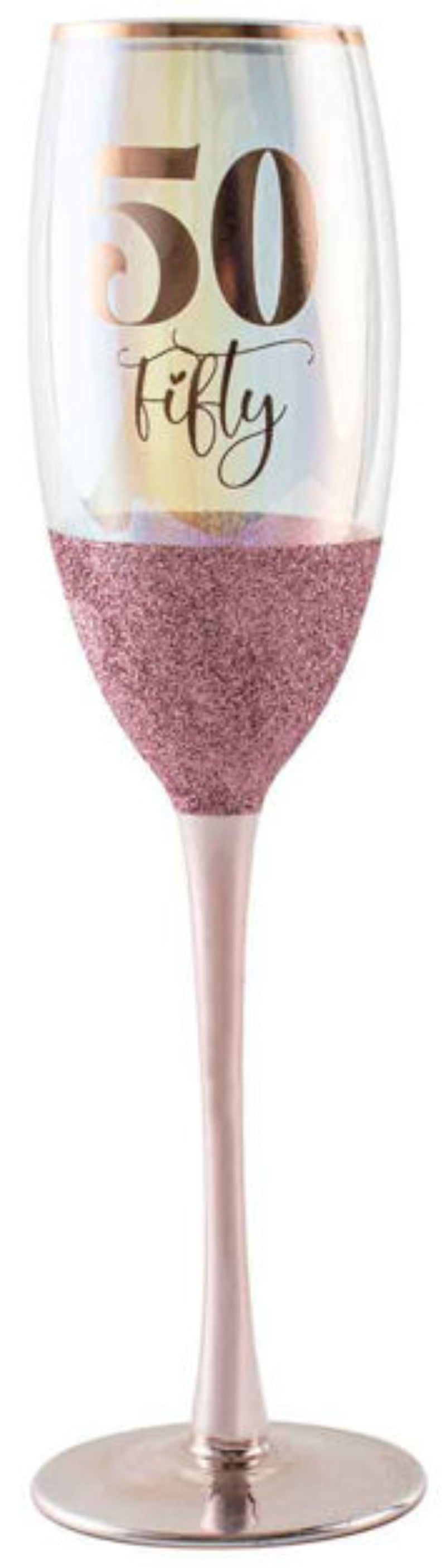Champagne flute with '50 Fifty' text and glittery design