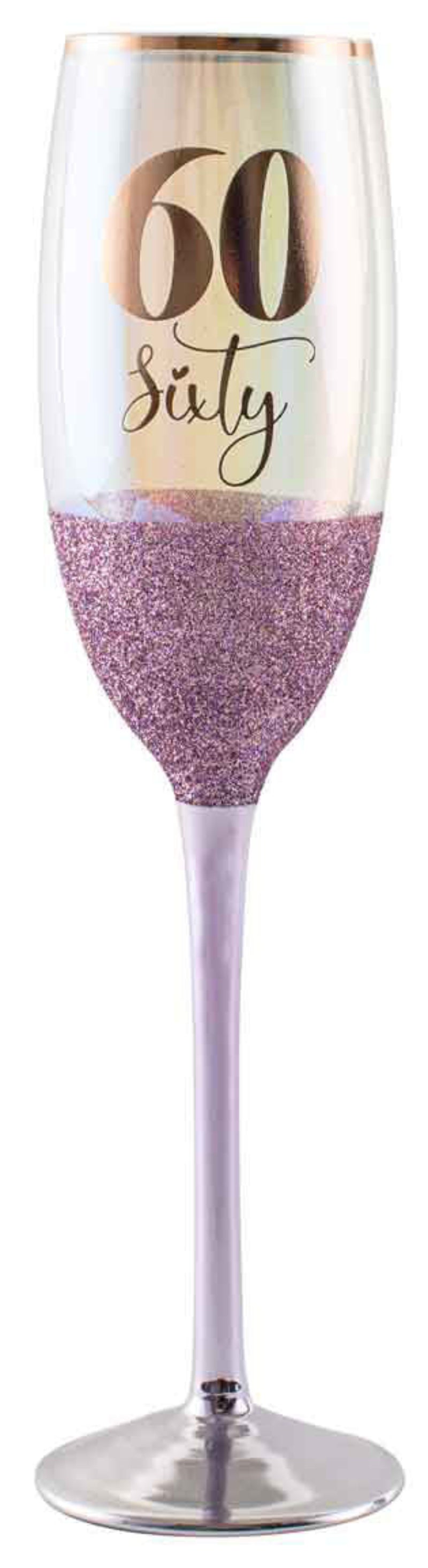 Decorative champagne flute with '60 Sixty' text and glittery design.