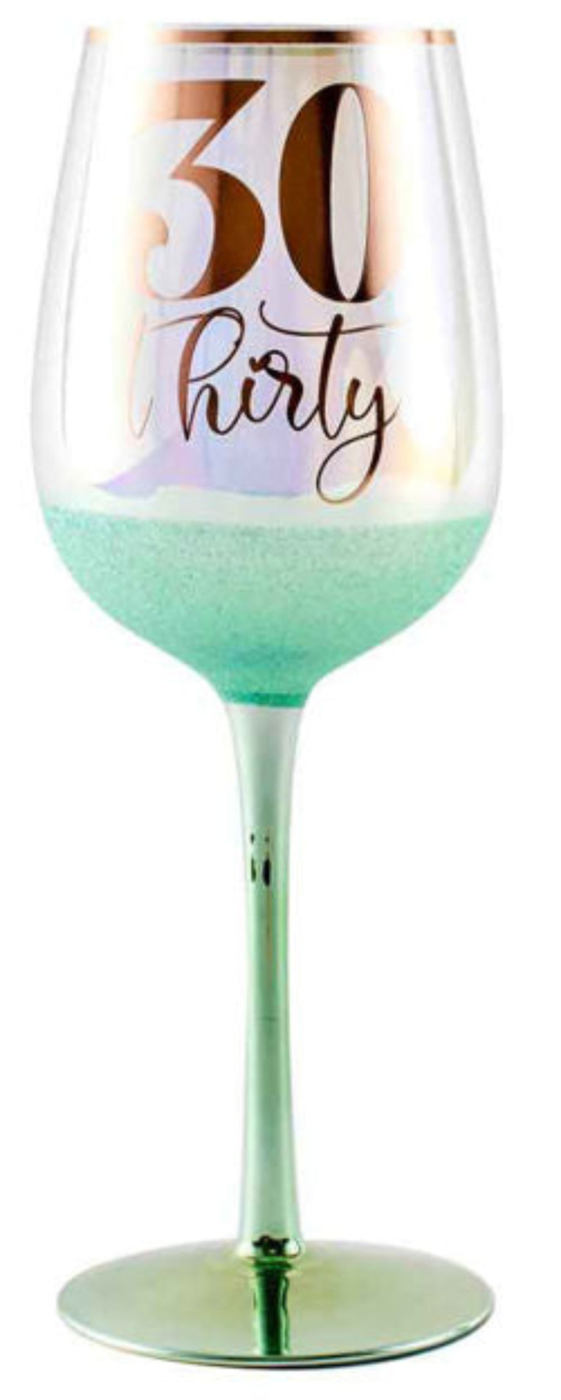 Wine glass with '30 thirty' text on a light green background