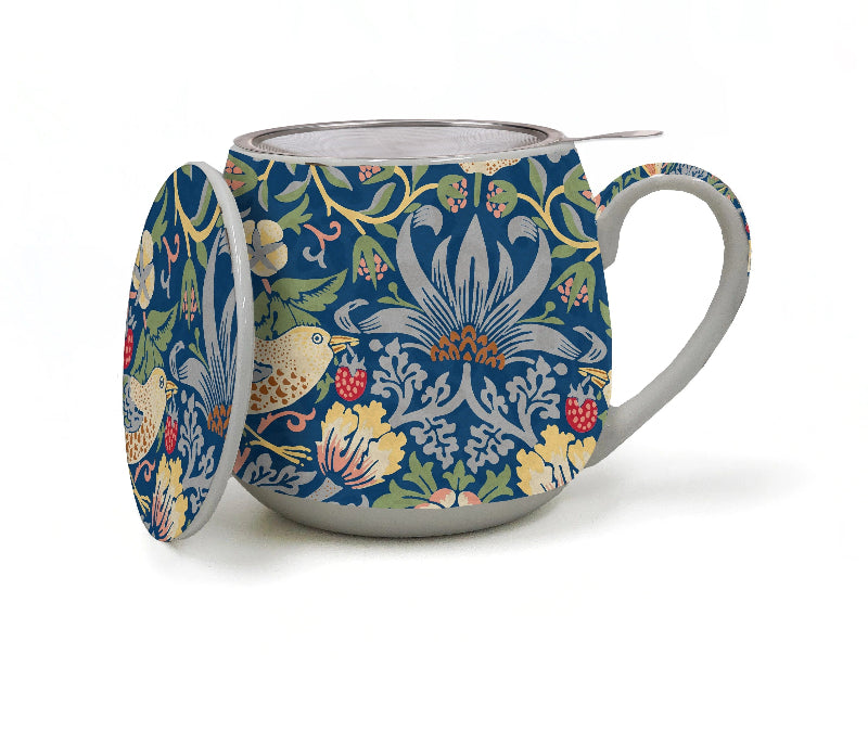 William Morris Strawberry Thief Tea Blue Infuser Mug – BM03, Fine Bone China with Infuser & Lid