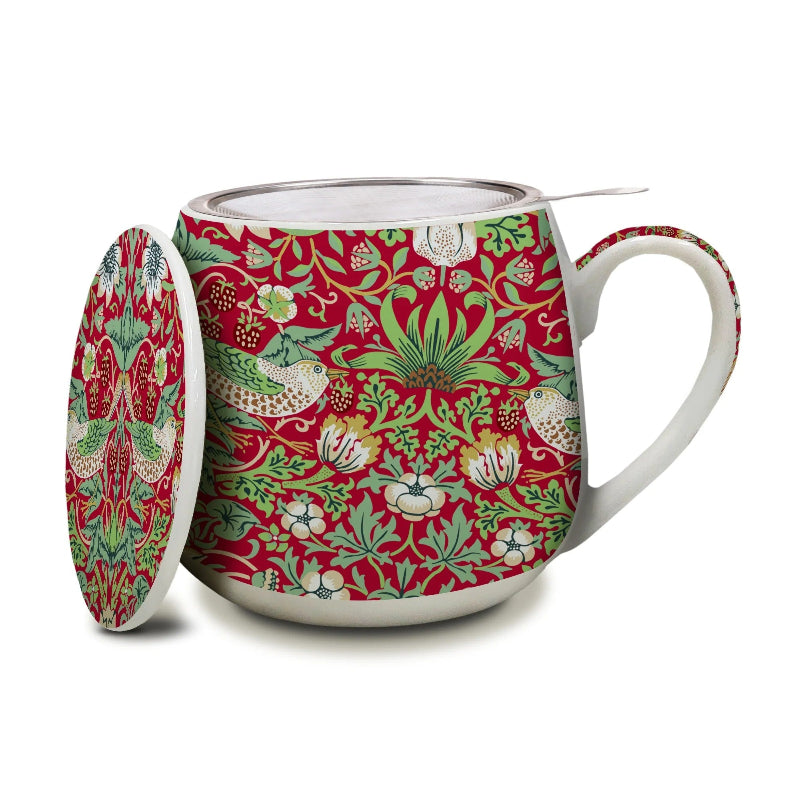 William Morris Strawberry Thief Tea Infuser Mug – Red, Fine Bone China