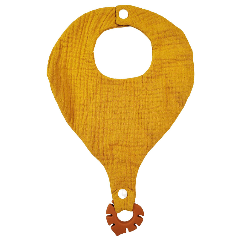 Bubsy Cotton Bib with Silicone Teether – Mustard | 100% Cotton Muslin Baby Bib 20 × 28 cm