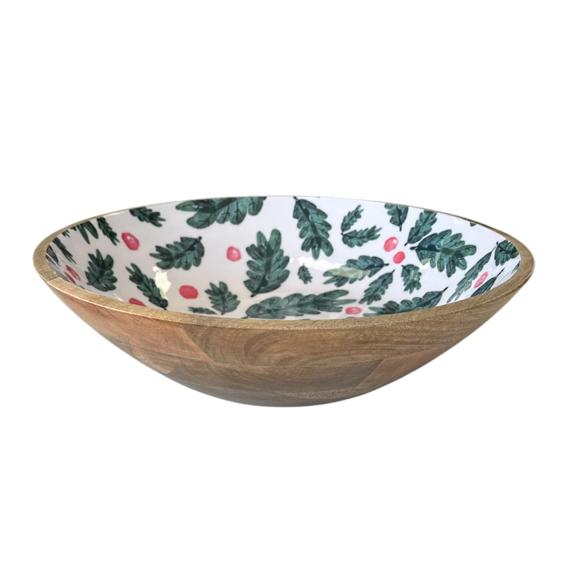 Christmas Foliage Wooden Large Serving Bowl – White & Green Multi