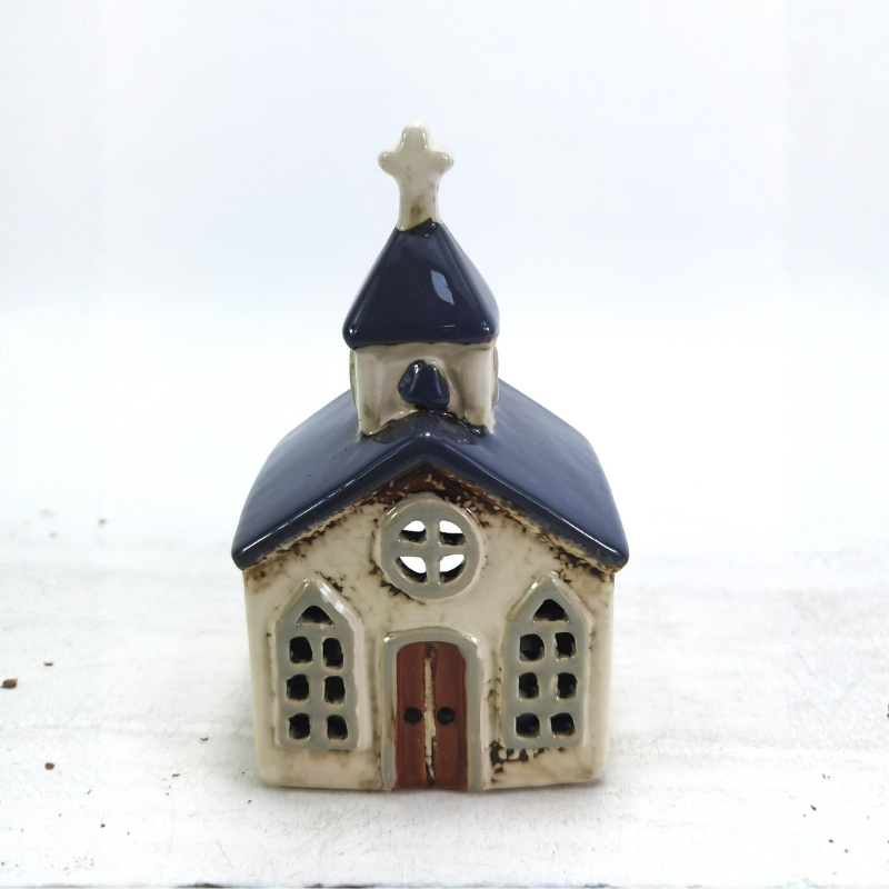 Cream & Blue Church Tealight Holder – Ceramic Lantern
