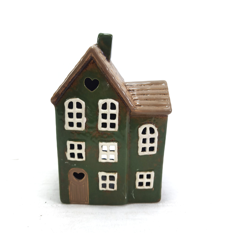 Green Heart House Tealight Holder – Ceramic Lantern with Heart Detail