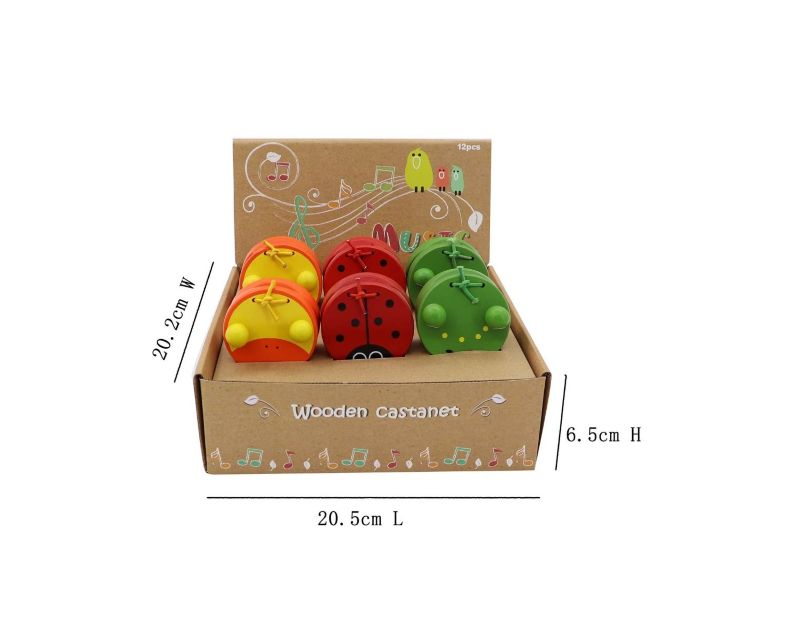 Box of wooden castanets with dimensions on a white background