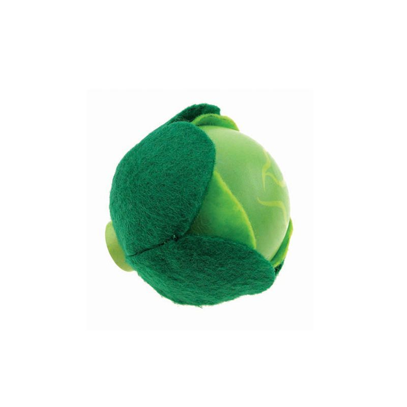 Green brussels sprout-shaped toy on a white background
