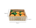 Wooden box with decorative oranges and measurements on a white background