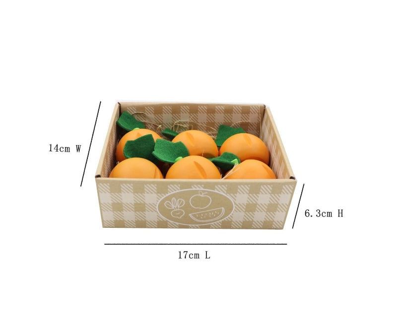 Wooden box with decorative oranges and measurements on a white background