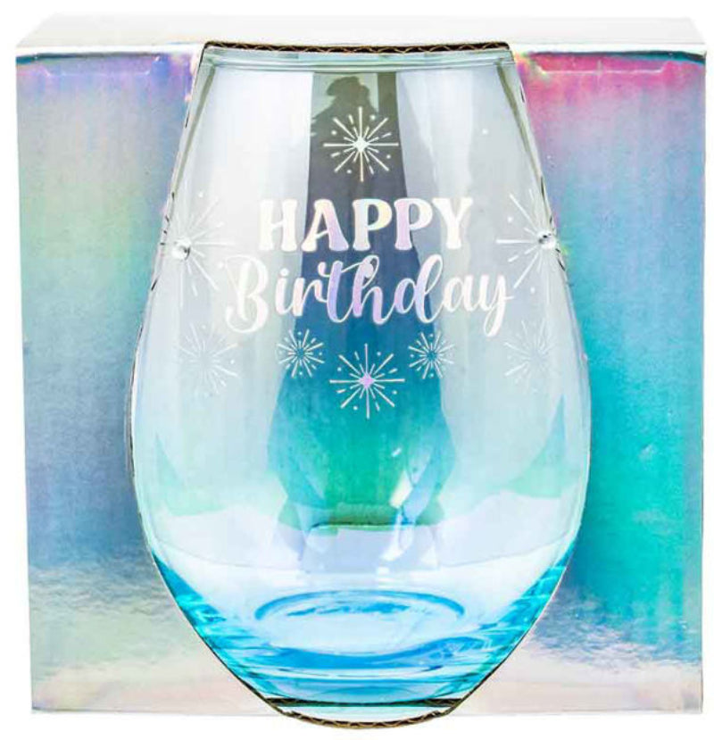 Stemless wine glass with 'Happy Birthday' text on a colorful background