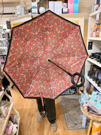 William Morris Inverted “Strawberry Thief” Umbrella — Red & Floral Pattern, Classic Full-Size C handle