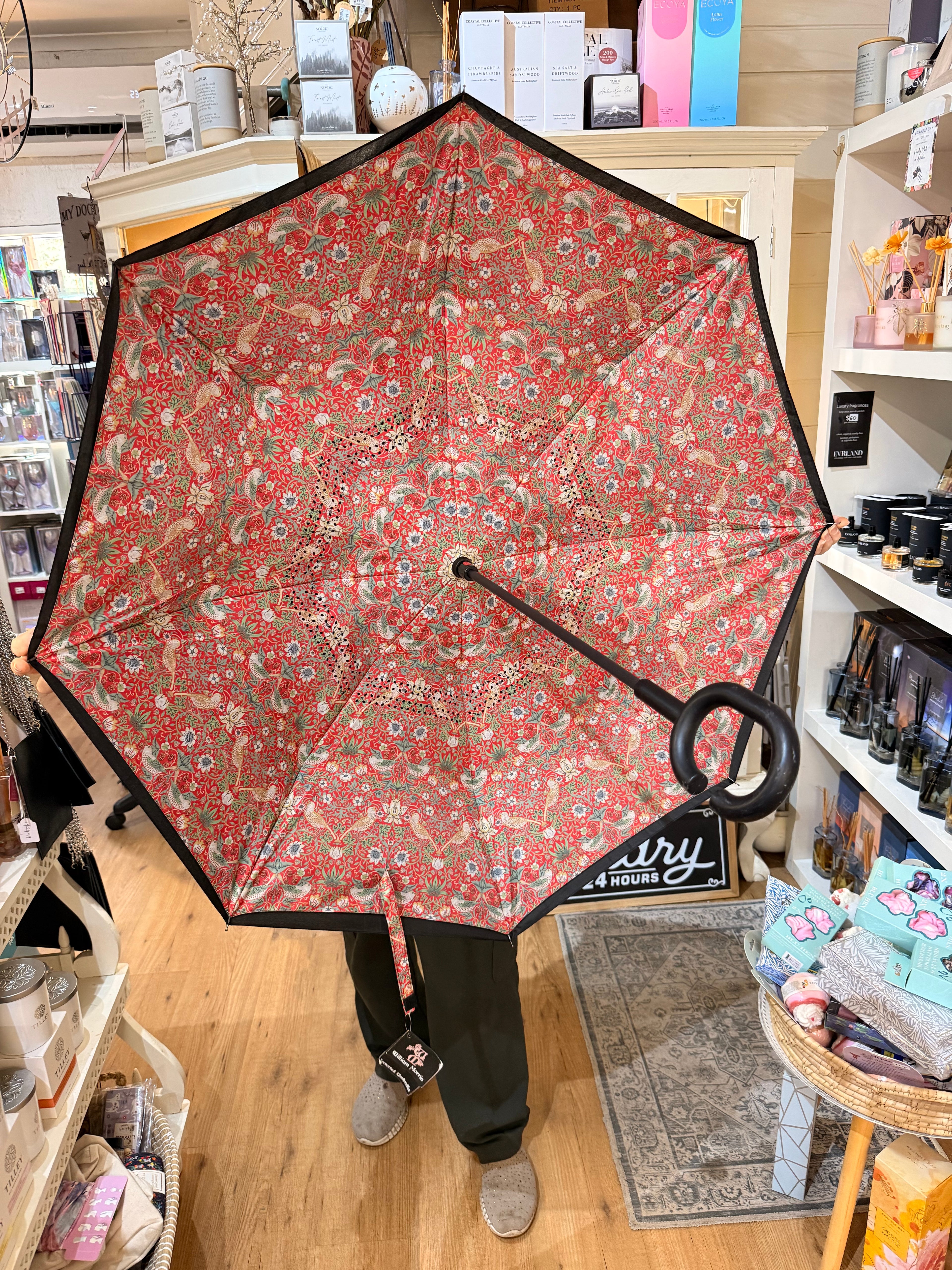 William Morris Inverted “Strawberry Thief” Umbrella — Red & Floral Pattern, Classic Full-Size C handle