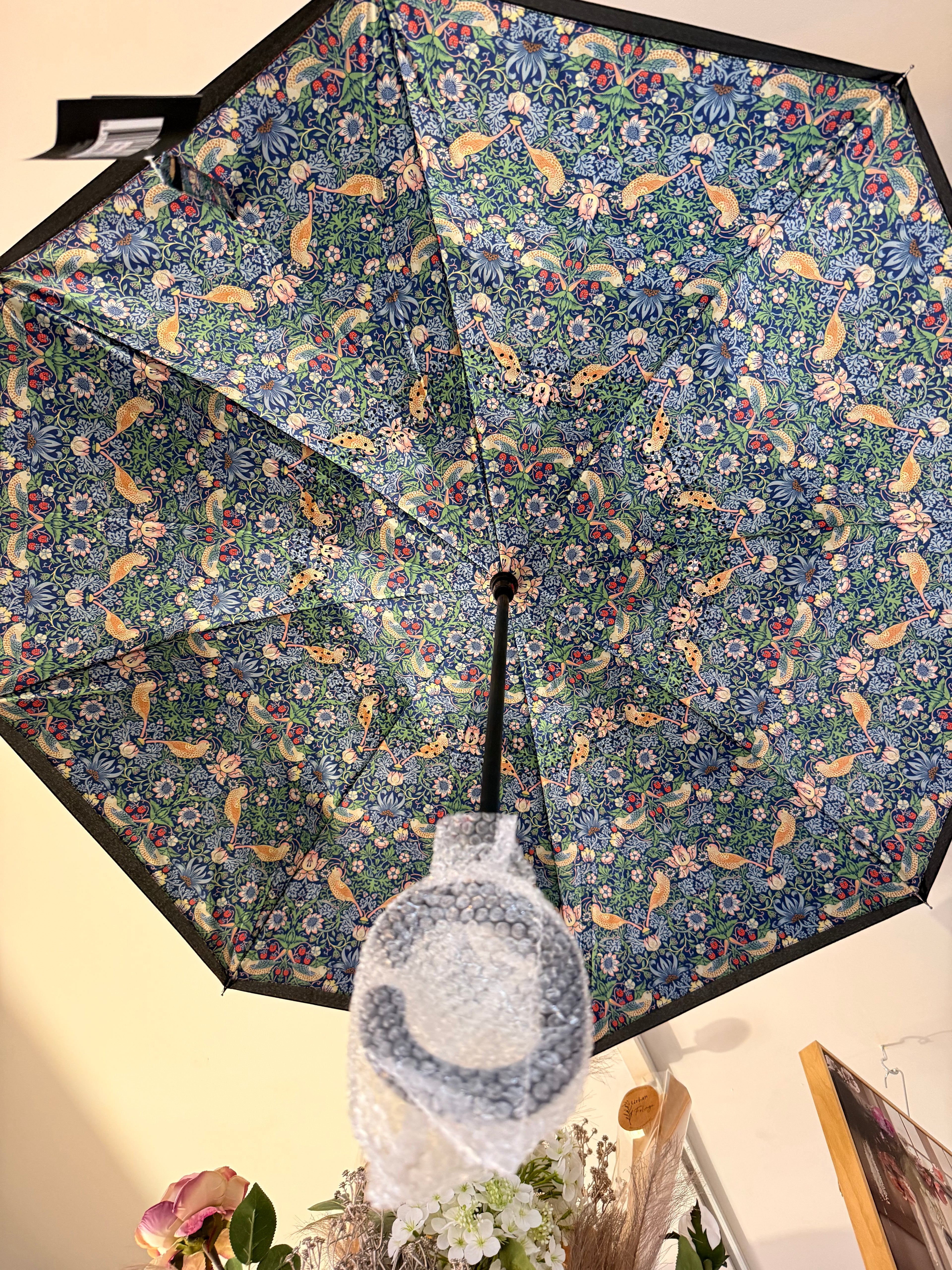 William Morris “Strawberry Thief” Blue Umbrella — Folding Inverted Style with C-Handle