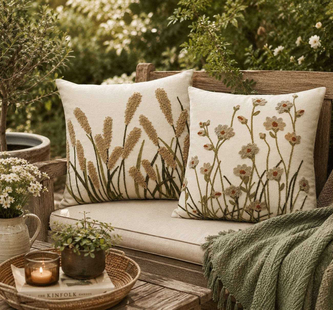 Beige Pampas Grass Cushion – Embroidered Cotton Home Decor
