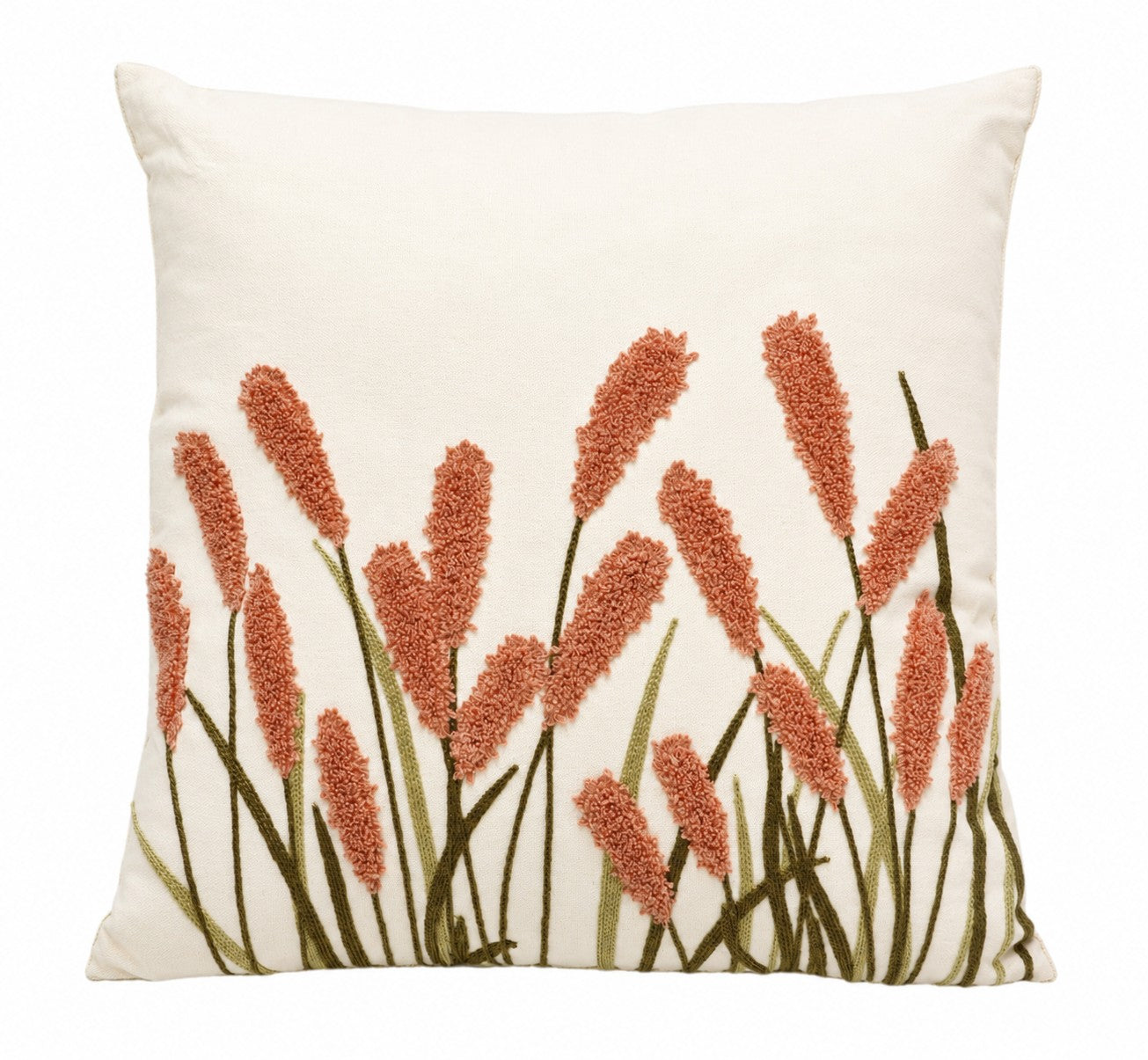 Coral Pink Pampas Grass Cushion – Embroidered Cotton Home Decor