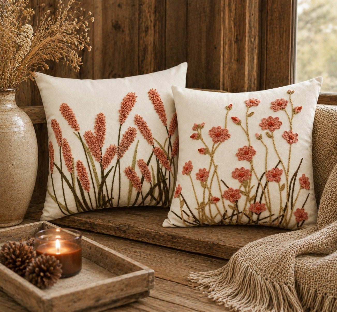 Coral Pink Pampas Grass Cushion – Embroidered Cotton Home Decor