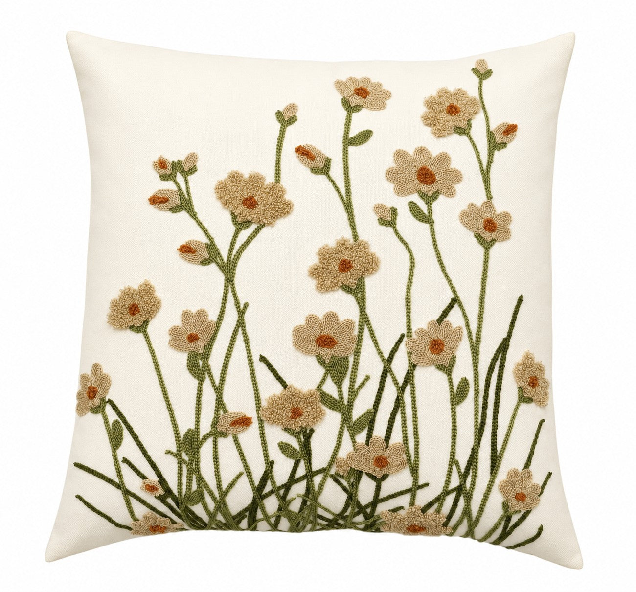 Beige Wildflowers Cushion – Embroidered Cotton Home Decor