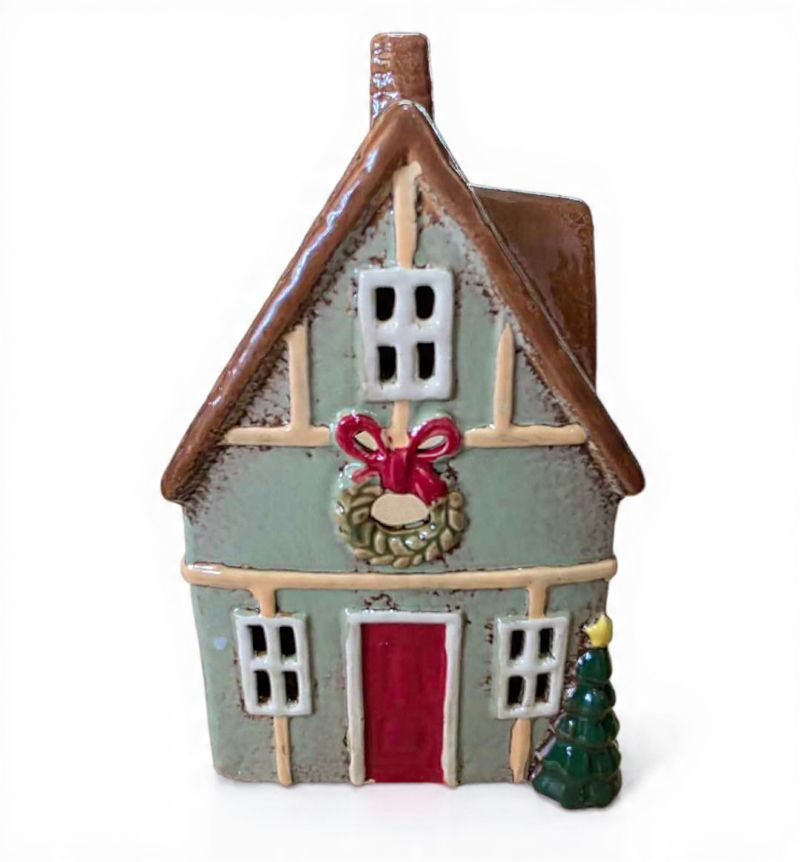 Xmas Green House Tealight Holder – Ceramic Festive Lantern
