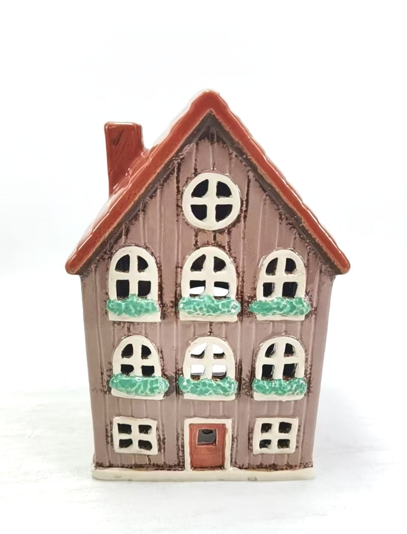 Country House Tealight Holder — Glazed Ceramic Cottage Lantern