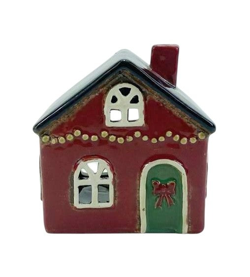 Christmas House with String of Lights Ceramic Tealight Holder