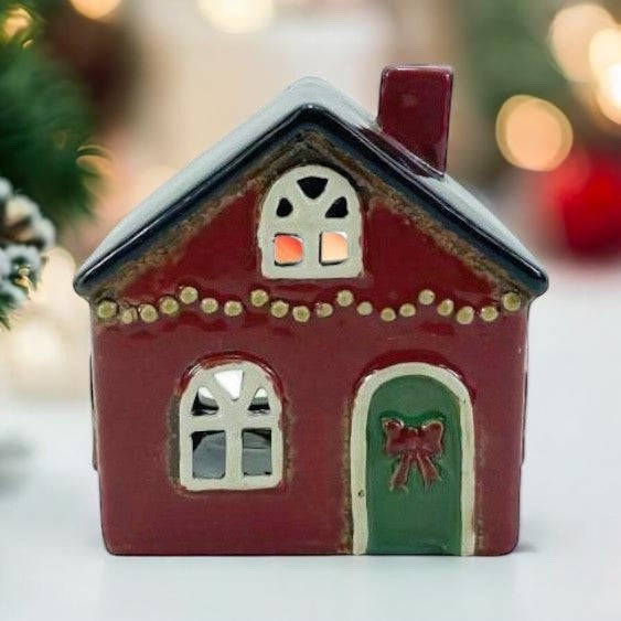 Christmas House with String of Lights Ceramic Tealight Holder