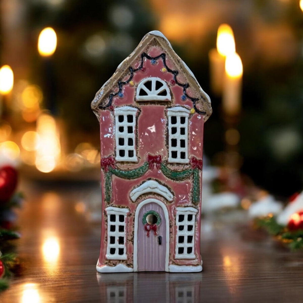 Pink Christmas House Ceramic Tealight Holder