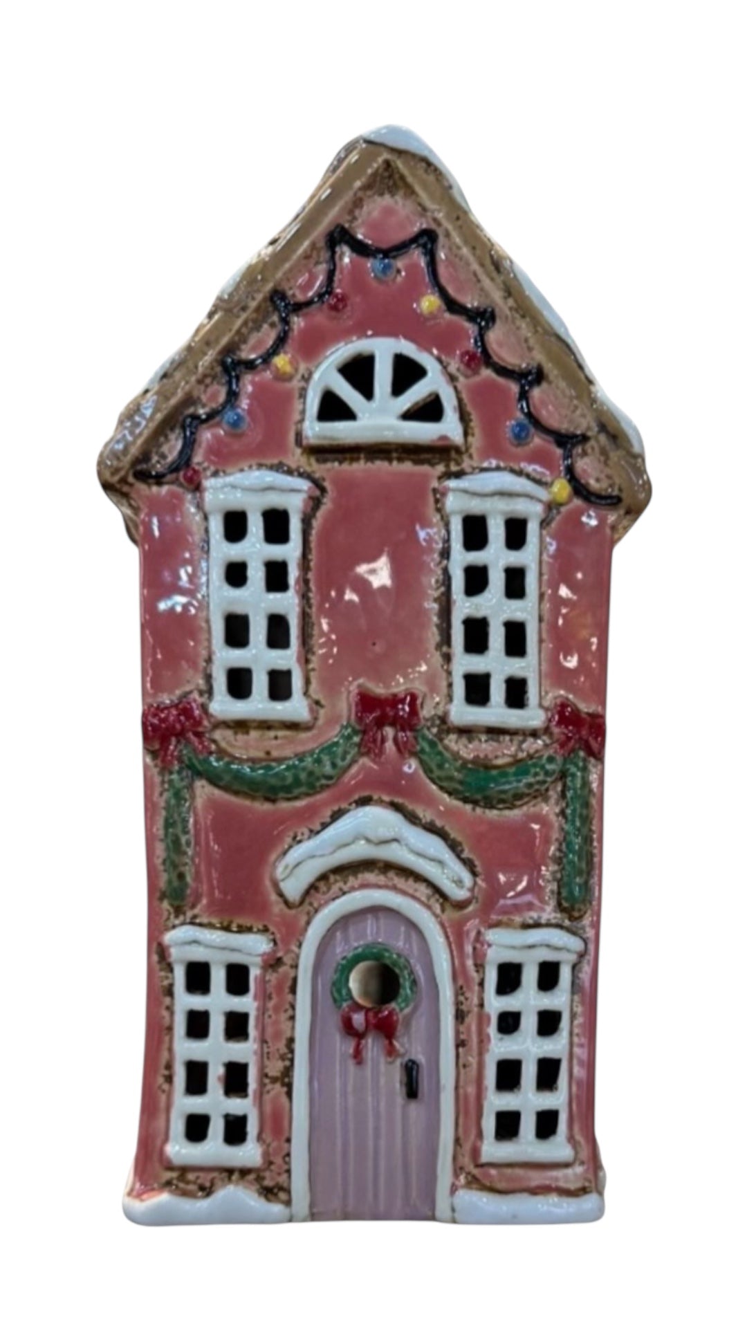Pink Christmas House Ceramic Tealight Holder
