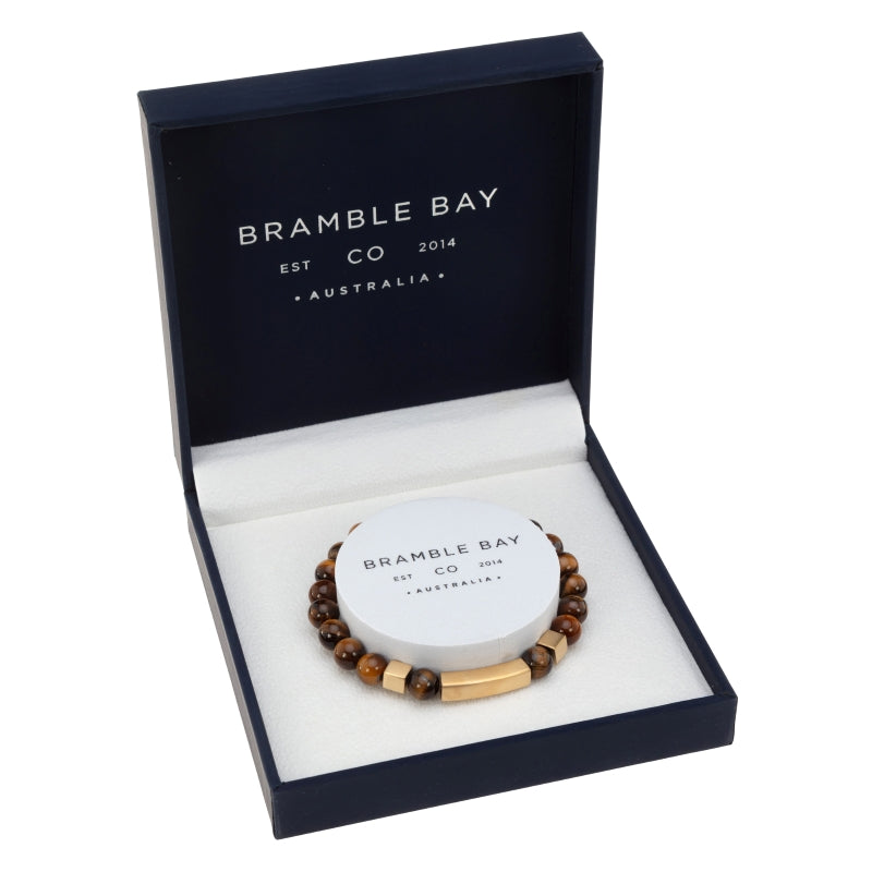 Bramble Bay Co Tiger’s Eye Bead Bracelet with Gold Accents – Gift Box Edition