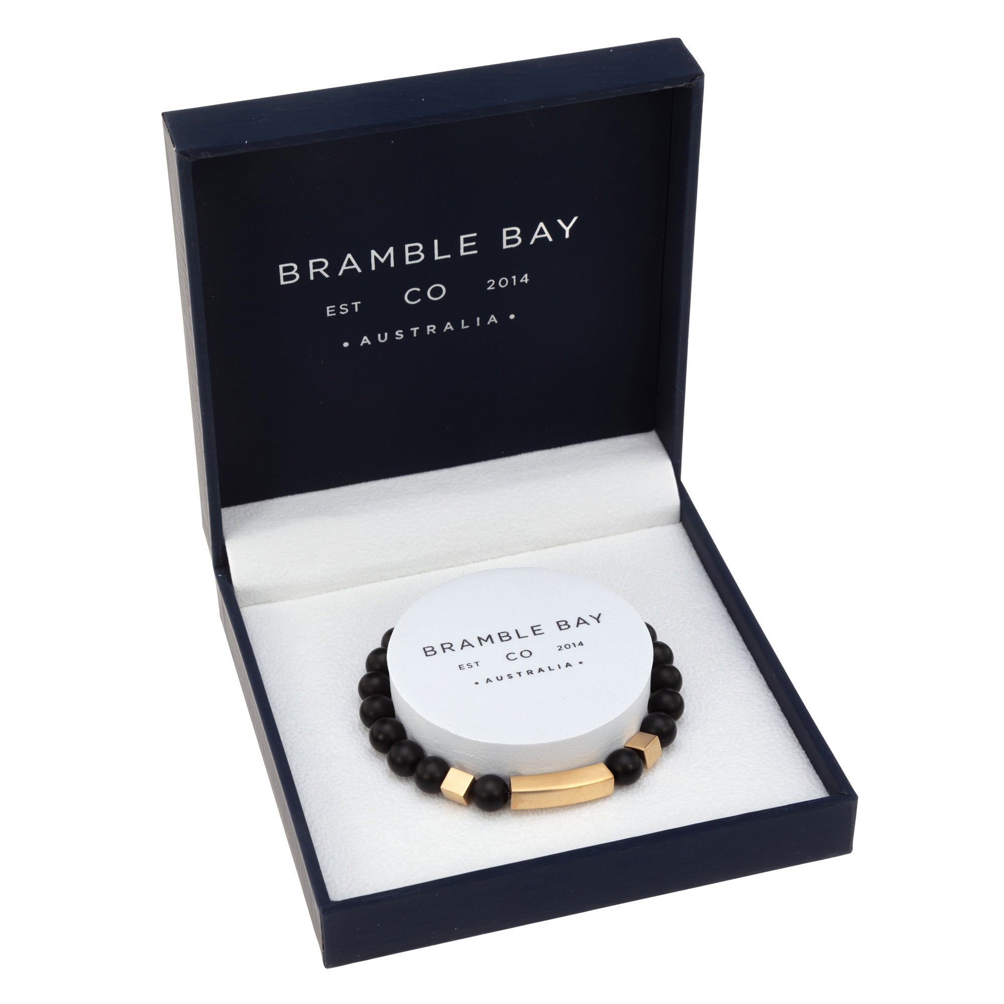Bramble Bay Co Matte Black Bead Bracelet with Gold Accents – Gift Box Edition