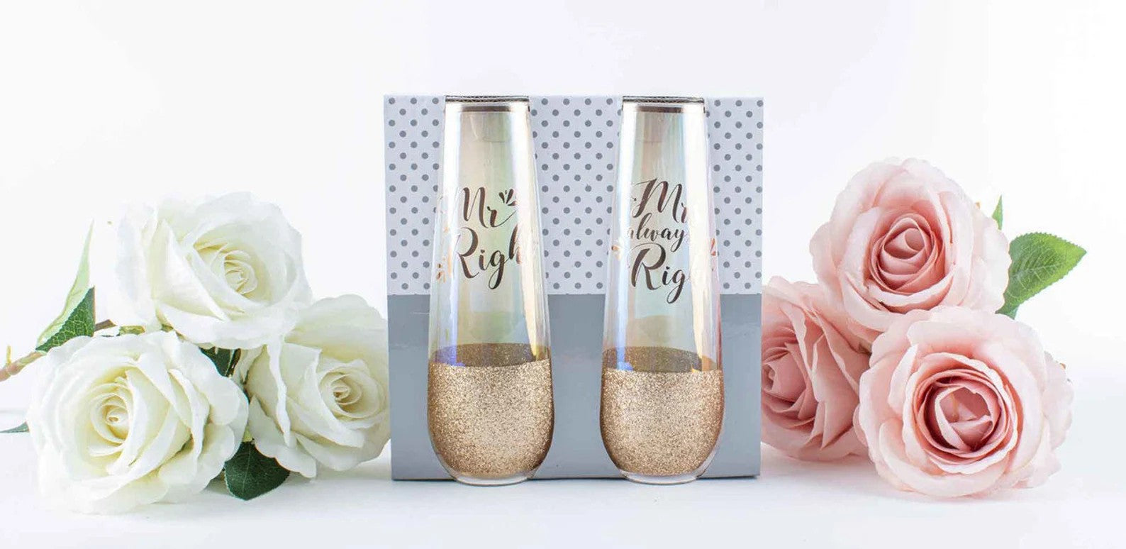 “Mr Right & Mrs Always Right” Gold Glitter Stemless Champagne Flute Set – 2-Piece Gift Box