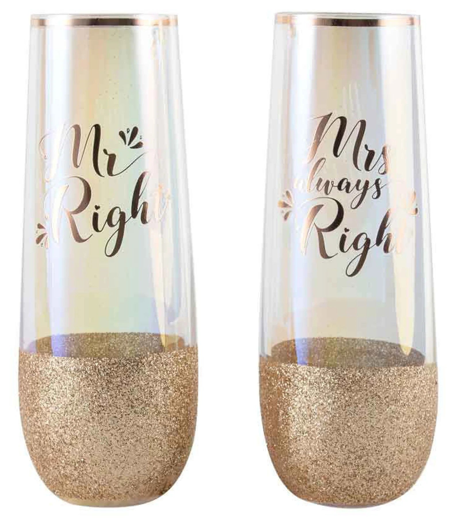 “Mr Right & Mrs Always Right” Gold Glitter Stemless Champagne Flute Set – 2-Piece Gift Box