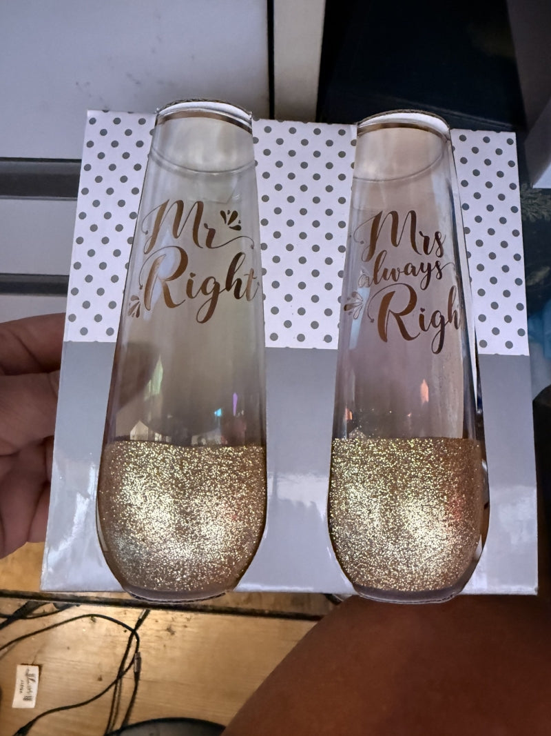 “Mr Right & Mrs Always Right” Gold Glitter Stemless Champagne Flute Set – 2-Piece Gift Box